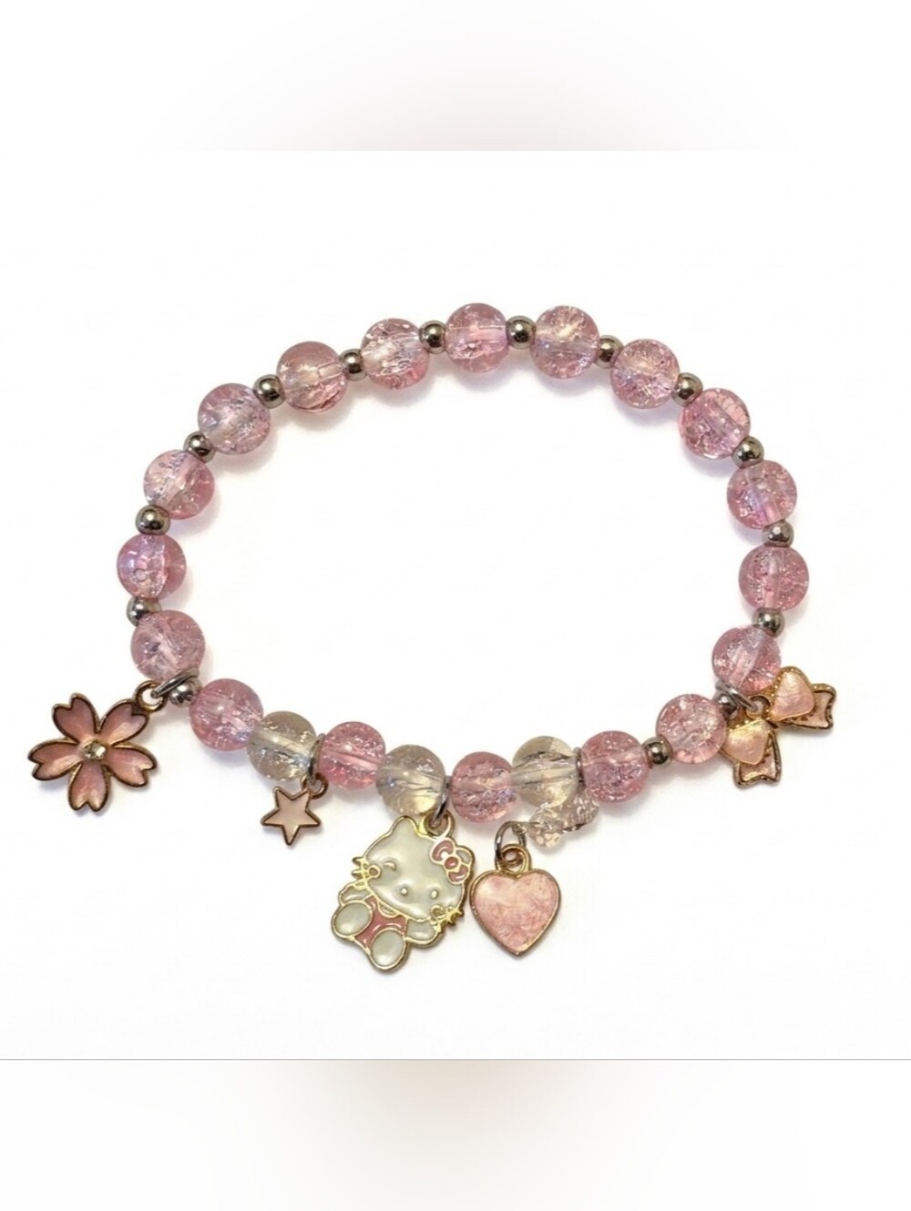 NEW Hello Kitty Pink Crackle Bead Charm Bracelet  (0049)